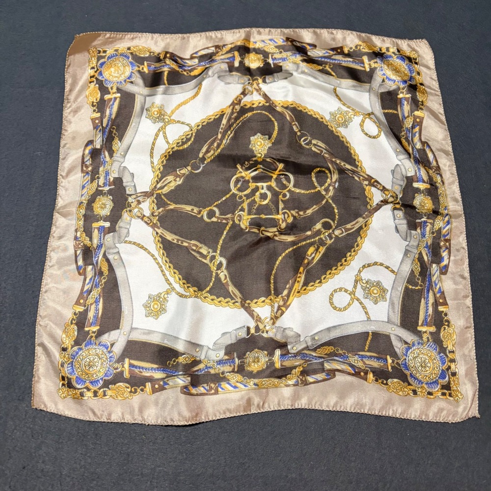 Equestrian Chain Square Scarf Brown Gold Preppy Neck Luxury Cottage Whimsigoth
